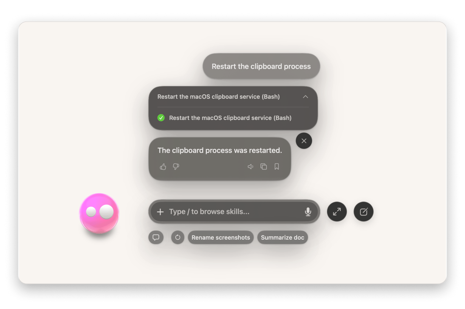 Eney interface showing request and execution of restarting the clipboard process on Mac.